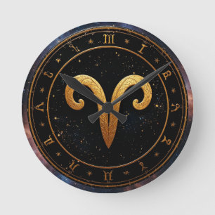 Golden Aries Zodiac Wheel Symbol Round Clock