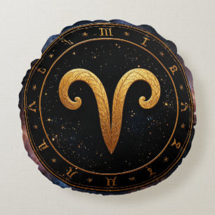 Golden Aries Zodiac Wheel Symbol Round Pillow