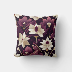 Golden Art Deco Flowers Burgundy Throw Pillow