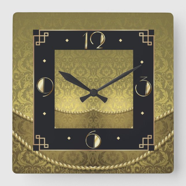 Golden Art Deco Square Wall Clock (Front)
