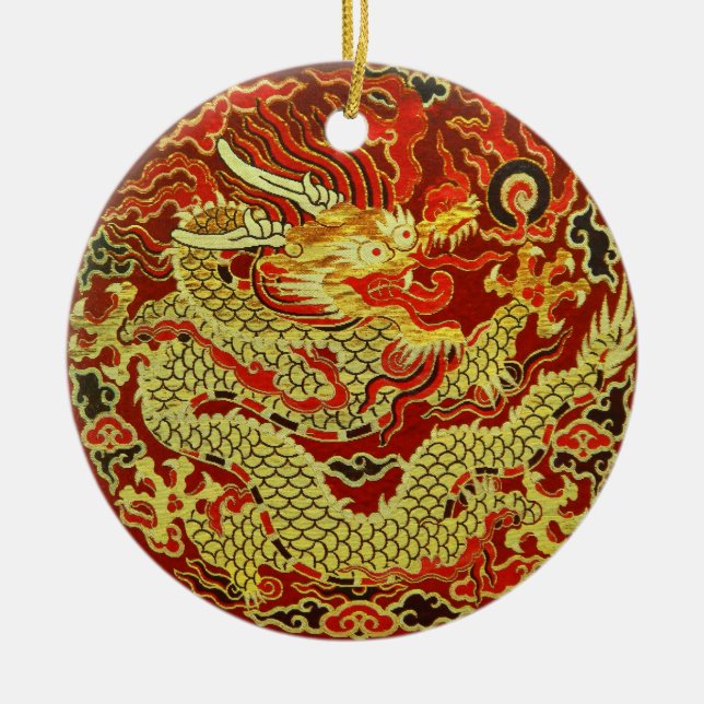 Golden asian dragon embroidered on dark red ceramic ornament (Front)
