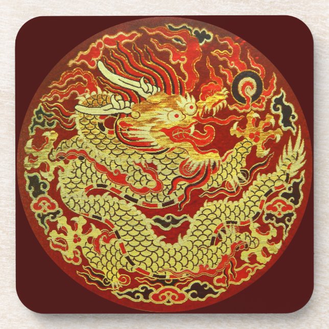 Golden asian dragon embroidered on dark red coaster (Front)