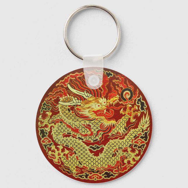 Golden asian dragon embroidered on dark red keychain (Front)