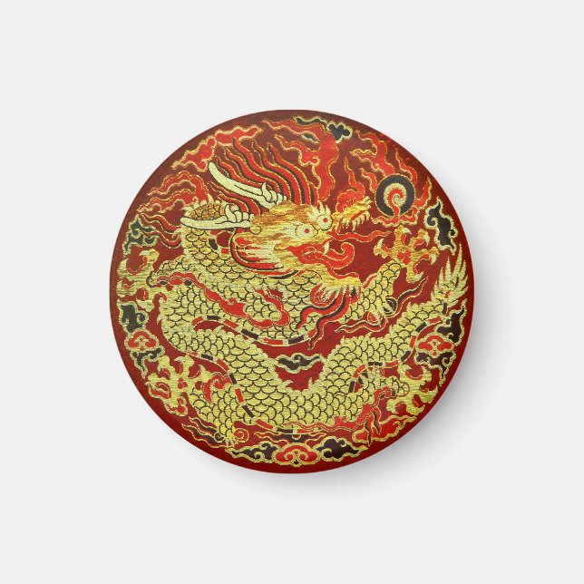 Golden asian dragon embroidered on dark red magnet (Front)