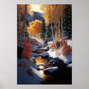 Golden Aspen Trees in the Snow by the River Poster