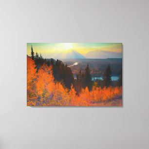 Golden Aspens Above Snake River At Sunset Canvas Print