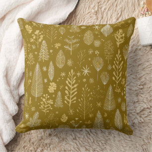Golden Autumn Christmas Botanical Pattern Throw Pillow