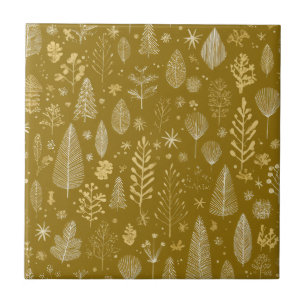 Golden Autumn Christmas Botanical Pattern Tile