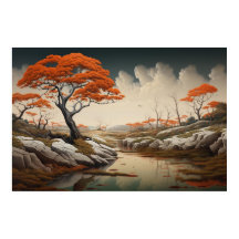 Golden Autumn Dreamscape With Orange Trees Fantasy