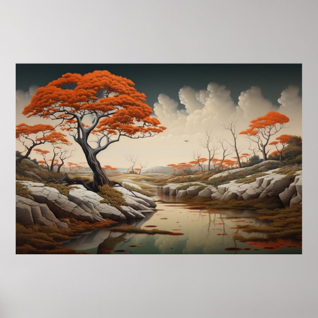 Golden Autumn Dreamscape With Orange Trees Fantasy Poster (Front)