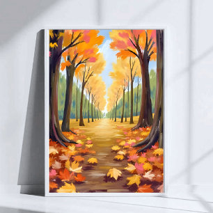 Golden Autumn Forest Path Warm Watercolor Foliage Poster