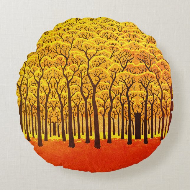 Golden Autumn Forest Round Pillow (Front)