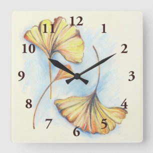 Golden Autumn Ginkgo Leaves Square Wall Clock