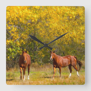Golden Autumn Horses Square Wall Clock