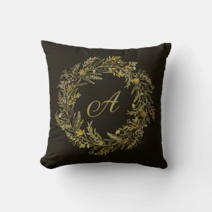 Golden Autumn Leaf Frame Botanical Monogram Throw Pillow