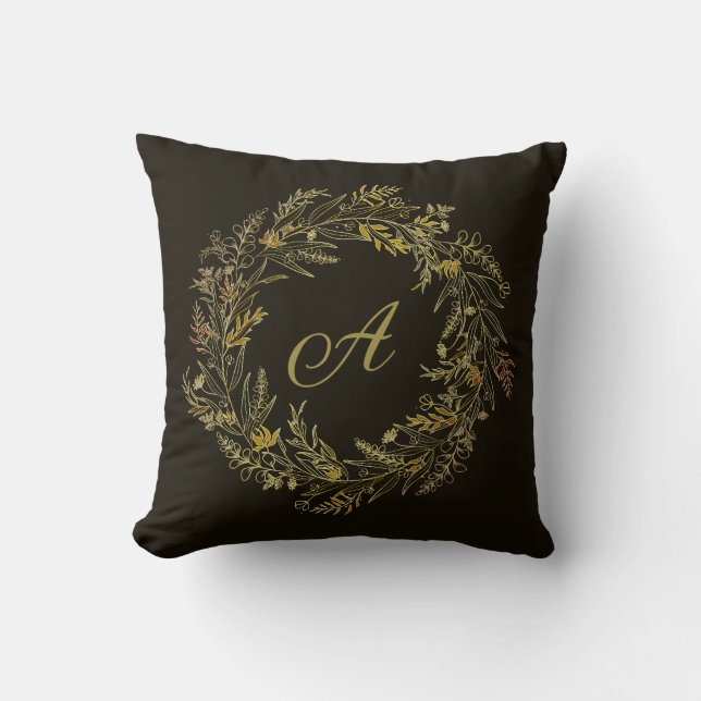 Golden Autumn Leaf Frame Botanical Monogram Throw Pillow (Front)