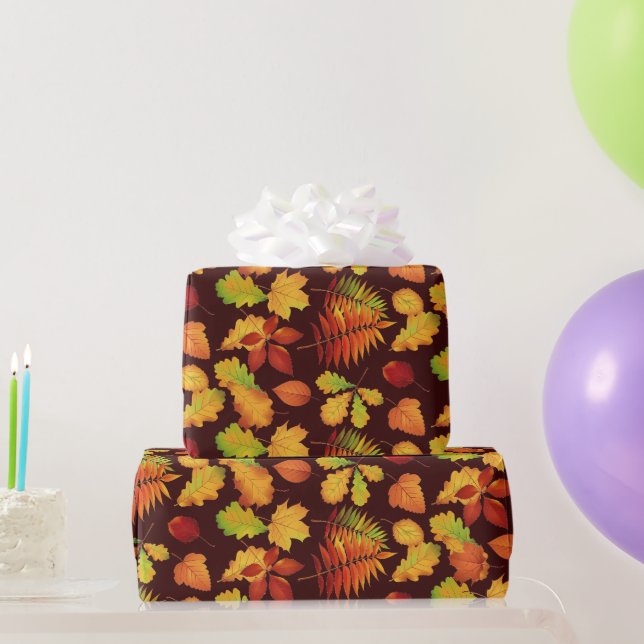 Golden Autumn Leaf Print on Burgundy Wrapping Paper (Party Gifts)