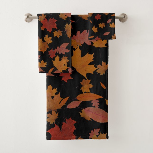 Golden Autumn Leaves on Custom Colour Black Bath Towel Set (Insitu)