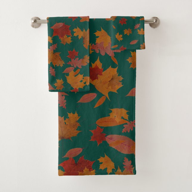 Golden Autumn Leaves on Custom Colour Turquoise Bath Towel Set (Insitu)
