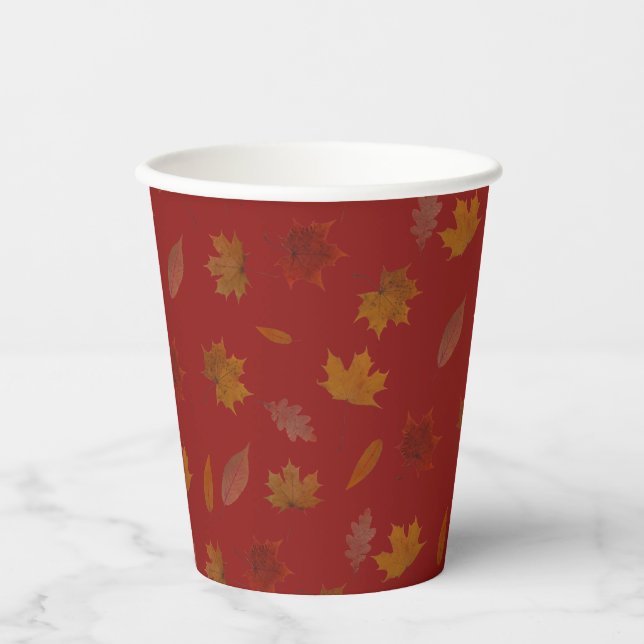 Golden Autumn Leaves on Red Custom Colour Paper Cu Paper Cups (Front)