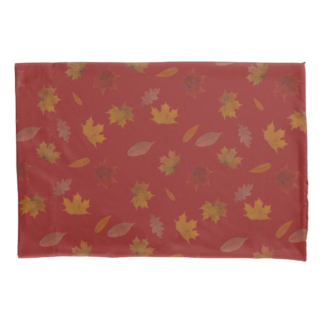 Golden Autumn Leaves on Red Custom Colour Pillowcase (Front)