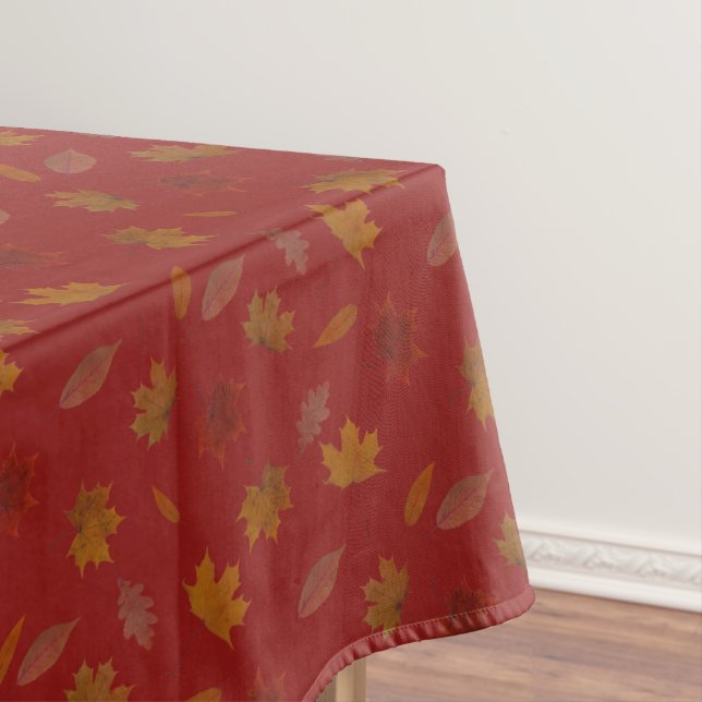 Golden Autumn Leaves on Red Custom Colour Tablecloth (In Situ)
