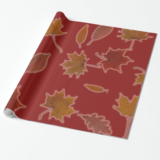 Golden Autumn Leaves on Red Custom Colour Wrapping Paper (Unrolled)