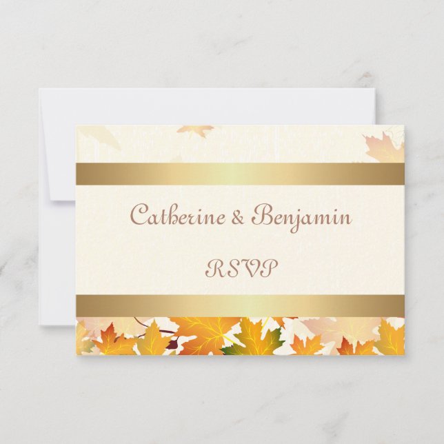 Golden Autumn Leaves Wedding RSVP Card (Front)