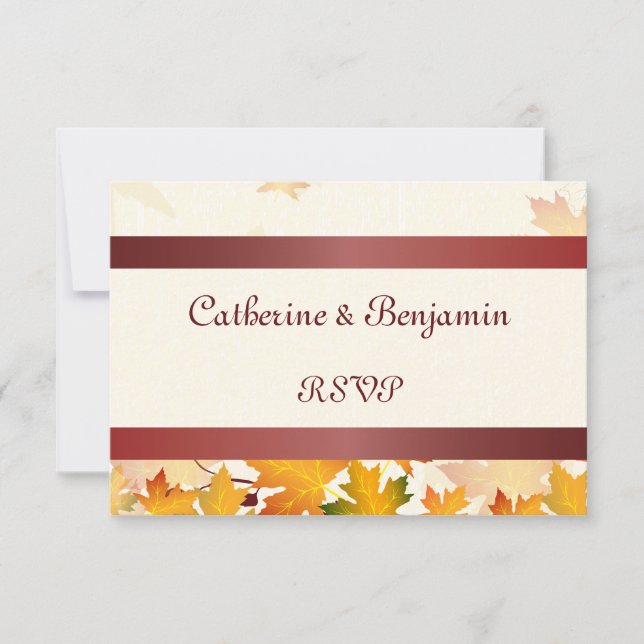 Golden Autumn Leaves with Red Wedding RSVP (Front)