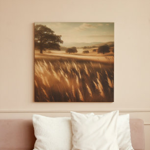Golden Autumn Meadow with Vintage Oak Trees View Canvas Print