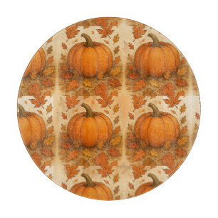 Golden Autumn Pumpkin and Falling Leaves Cutting Board
