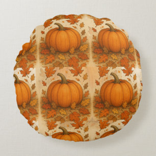 Golden Autumn Pumpkin and Falling Leaves Round Pillow