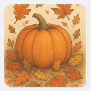 Golden Autumn Pumpkin and Falling Leaves Square Sticker