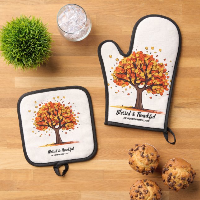Golden Autumn Trees Happy Thanksgiving Greeting Oven Mitt & Pot Holder Set (Top Down)