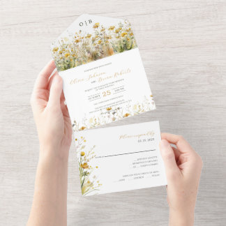 Golden Autumn Watercolor Wildflower Fall Wedding All In One Invitation