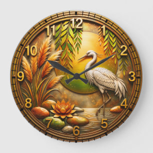 Golden Autumn Zen Heron & Lotus Round Acrylic Wall Large Clock