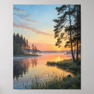 Golden Awakening: A Misty Morning Sunrise Over the Poster