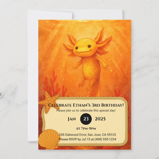 Golden Axolotl in Coral Reef Birthday  Invitation (Front)