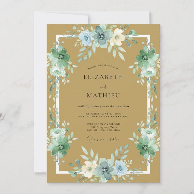 Golden Azure Ranunculus Eucalyptus Wedding Invitation (Front)