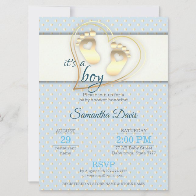 Golden Baby Boy Footprints and Hearts Baby Shower Invitation (Front)