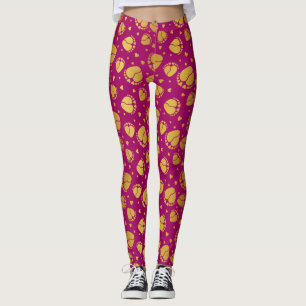 Golden Baby Feet and Hearts on Pink Background Leggings
