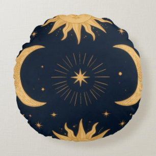 Golden Balance, Sun & Moon Celestial Pattern Round Pillow