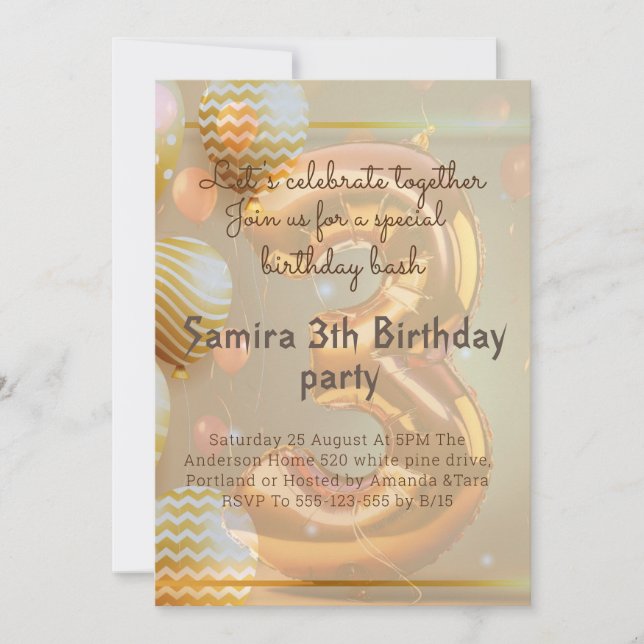 "Golden Balloons 3rd Birthday Bash!" Invitation (Front)