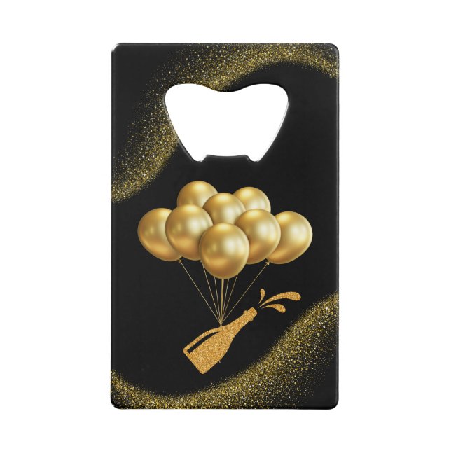 Golden Balloons and Champagne  Credit Card Bottle Opener (Front)