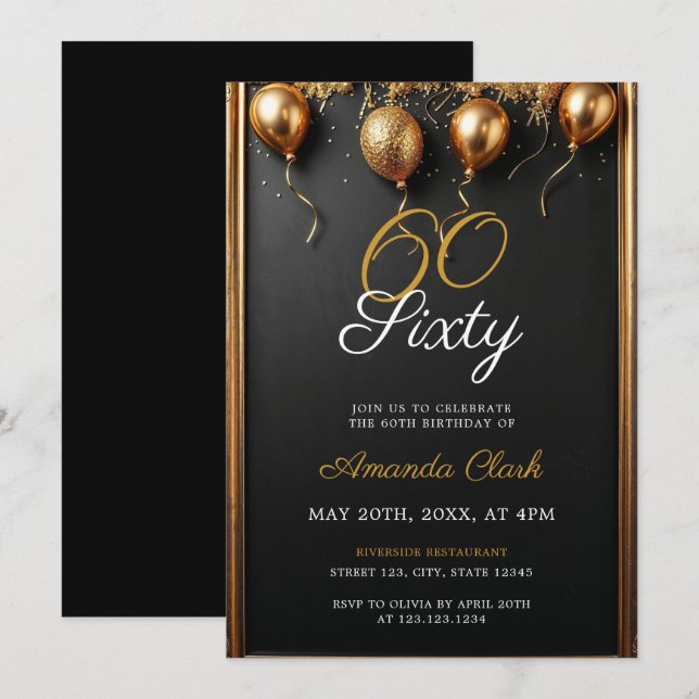 Golden Balloons Confetti & Frame 60th Birthday Invitation (Front/Back)
