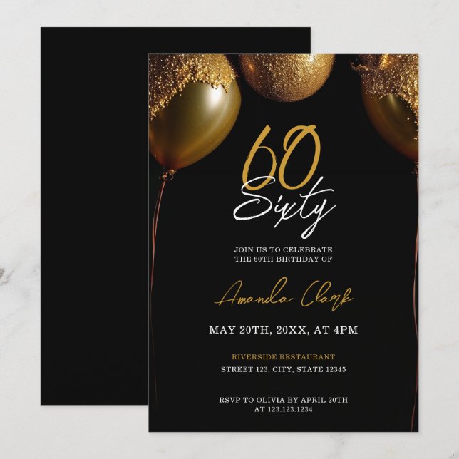 Golden Balloons on Black Background 60th Birthday Invitation (Front/Back)