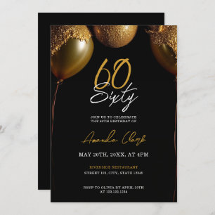 Golden Balloons on Black Background 60th Birthday Invitation