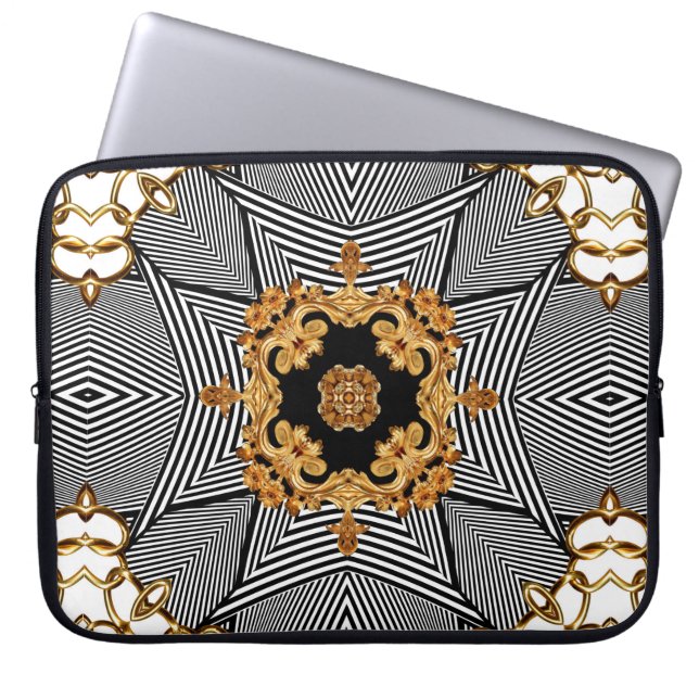 Golden baroque and chains ornament pattern laptop sleeve (Front)