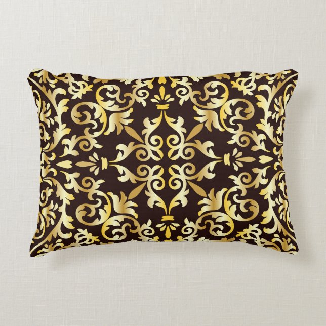 Golden Baroque Black Seamless Pattern Accent Pillow (Front)