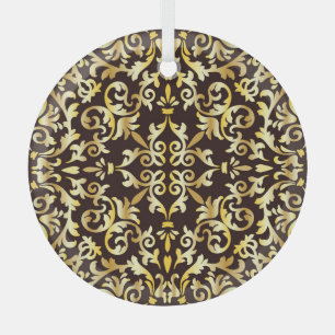 Golden Baroque Black Seamless Pattern Glass Ornament